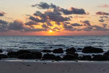 Industrial beach between Le Havre and Etretat on a rainy day in France, Europe 