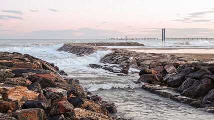 beach of the port of Sagunto with rough sea in winter