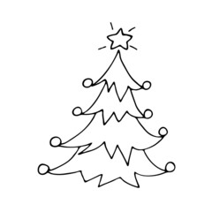 A doodle-style Christmas tree. A simple hand-drawn Christmas tree decorated with balloons. Christmas tree with a garland. Vector illustration.