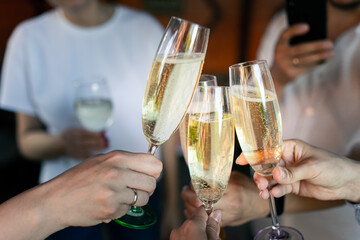 Friends raise glasses of champagne at a party