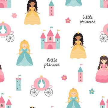 Seamless pattern with cute princesses, castle, carriage. Vector children's illustration. Suitable for background, printing on fabric, wallpaper, wrapping paper.