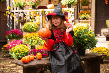 little girl dressed as a witch with a pumpkin celebrates halloween