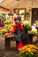 little girl dressed as a witch with a pumpkin celebrates halloween