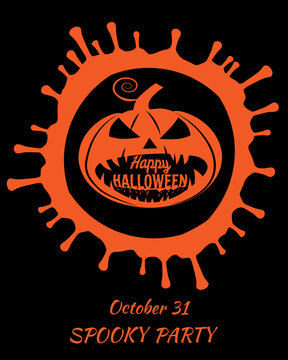 Happy Halloween Poster, scary smiles pumpkin, drips orange color. Vector illustration vintage