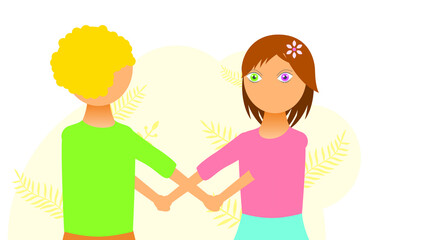 Flat Girl Woman Character With The Boy Holding Hands With Different Colors Eyes Disease Heterochromia Concept Vector Design Style