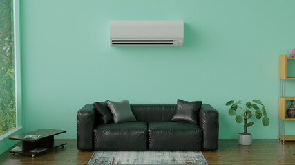 air conditioner on the green wall in the room 3d render