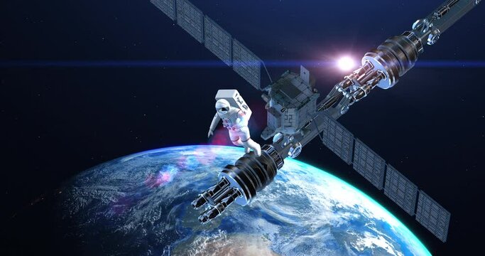 An Astronaut Flying Around Space Station. Planet Earth Is Visible. Space And Technology Related 4K 3D Animation.