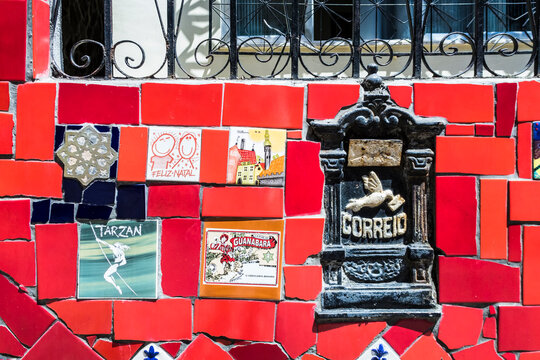 detail of colorful tile wall at the Selaron Steps connecting Lapa and Santa Teresa Neighbourhoods