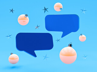 Speech bubbles, Christmas balls and glass stars are on a blue background. The concept of preparing for the new year, chat in social networks and instant messengers. 3d render.