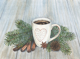 color graphic illustration of a Christmas cup of coffee among spruce branches and cones