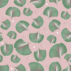Tropical ginkgo biloba leaves and decor in trendy green and pink. Seamless vector background for textiles, packaging.