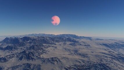 realistic surface of an alien planet, view from the surface of an exo-planet 3d illustration