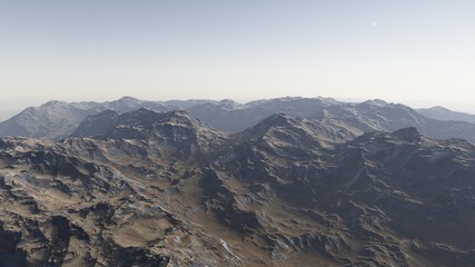 realistic surface of an alien planet, view from the surface of an exo-planet 3d illustration