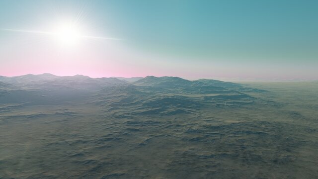 realistic surface of an alien planet, view from the surface of an exo-planet 3d illustration