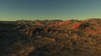 realistic surface of an alien planet, view from the surface of an exo-planet 3d illustration