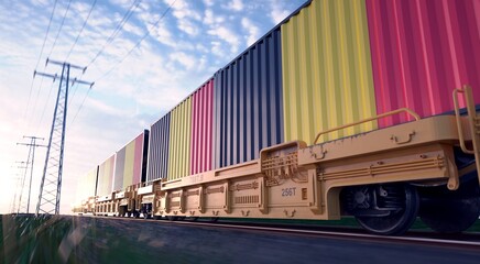 Belgian exports. Freight train with loaded containers in motion. 