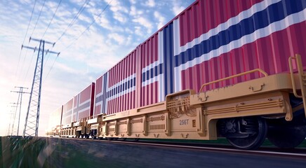 Norwegian exports. Freight train with loaded containers in motion. 