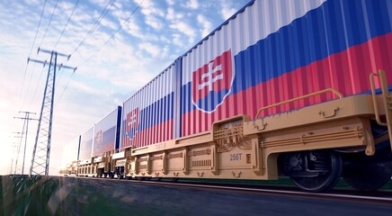 Slovak exports. Freight train with loaded containers in motion. 