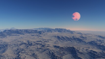 realistic surface of an alien planet, view from the surface of an exo-planet 3d illustration