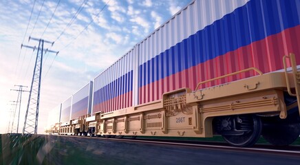 Russian exports. Freight train with loaded containers in motion. 