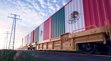 Mexican exports. Freight train with loaded containers in motion. 