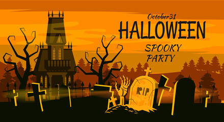Fototapeta premium Happy Halloween poster, night cemetery, haunted mansion. Vector illustration cartoon style banner
