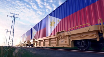 Philippine exports. Freight train with loaded containers in motion. 