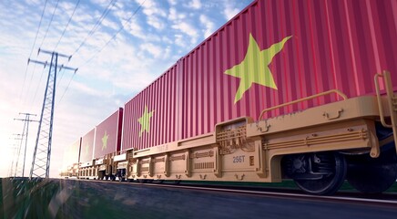 Vietnamese exports. Freight train with loaded containers in motion. 
