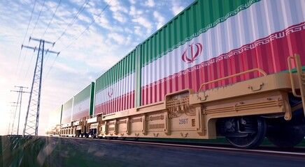 Iranian exports. Freight train with loaded containers in motion. 