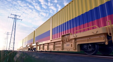 Colombian exports. Freight train with loaded containers in motion. 