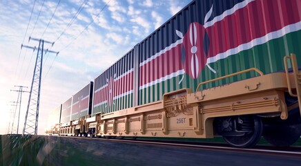 Kenyan exports. Freight train with loaded containers in motion.  - obrazy, fototapety, plakaty