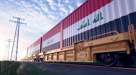 Iraqi exports. Freight train with loaded containers in motion. 