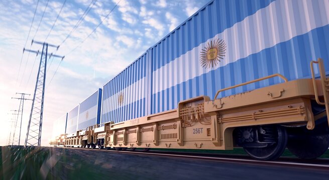 Argentine exports. Freight train with loaded containers in motion. - Powered by Adobe