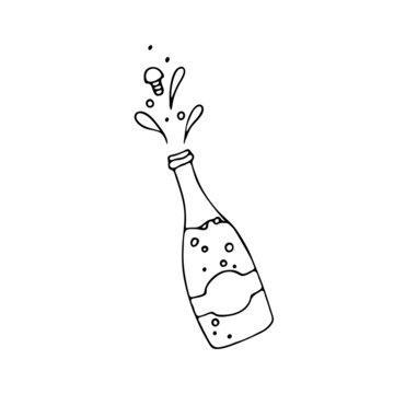 A popping bottle of doodle-style champagne. A symbol of a holiday, New Year, Birthday, Wedding. A simple vector image isolated on a white background.