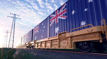Australian exports. Freight train with loaded containers in motion. 