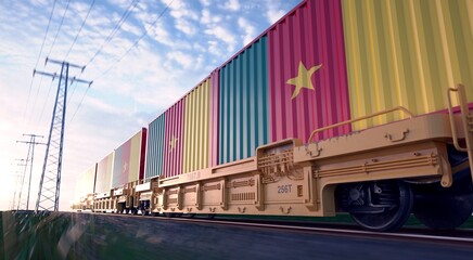 Obraz premium Cameroonian exports. Freight train with loaded containers in motion. 