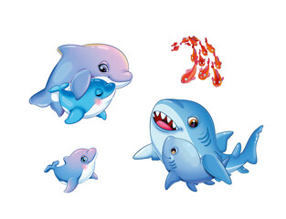Seth shark, dolphin and their babies, 4 elements