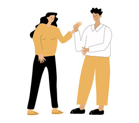 A woman and a man are talking. Smalltalk, a conversation on the street. Conversation of colleagues, friends. vector illustration drawn by hand. Vector illustration