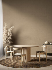 Beige brown interior with dining table and chair. 3d render illustration mockup. - obrazy, fototapety, plakaty