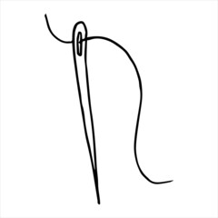 Needle and thread symbol for cutting and sewing. Vector embroidery tool in doodle style. Needlework concept. Hand drawn sewing tools equipment. Isolated on a white background.