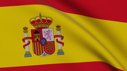 Flag of Spain. Close-up of a flag flying in the wind. 3D rendering 