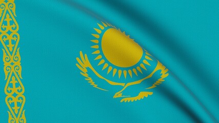 Flag of Kazakhstan. Close-up of a flag flying in the wind. 3D rendering 