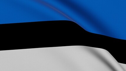 Close-up of the waving flag of Estonia with horizontal blue, black and white stripes