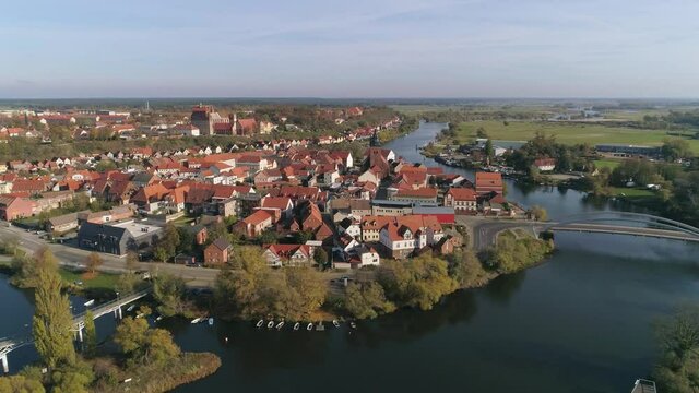 Flight along the historic center of Havelberg. City center on Prignitz island in the river Havel.