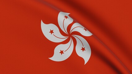 Close-up of the waving flag of Hong Kong with white Bauhinia flower on red background