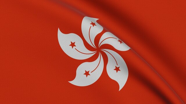 Close-up of the waving flag of Hong Kong with white Bauhinia flower on red background