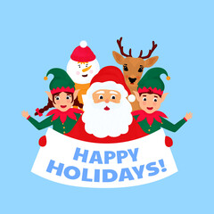 Merry Christmas and Happy New Year greeting card. Santa Claus, deer, snowman, elf. Happy Holidays