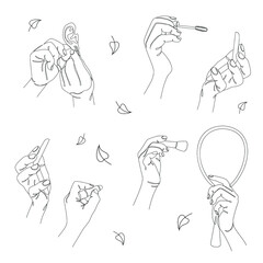 Silhouettes of human hands. Makeup, lipstick, mascara, earring, powder, blush and mirror in a modern one line style. Solid line sketches for decor, posters, stickers, logo. Vector illustration.