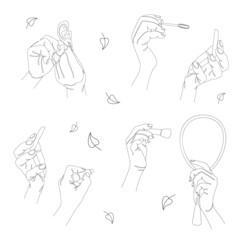 Silhouettes of human hands. Makeup, lipstick, mascara, earring, powder, blush and mirror in a modern one line style. Solid line sketches for decor, posters, stickers, logo. Vector illustration.