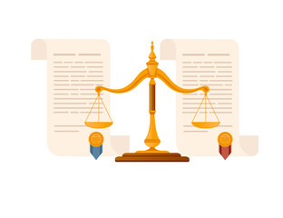 Scales of justice and judicial acts with seals vector illustration on white background - obrazy, fototapety, plakaty